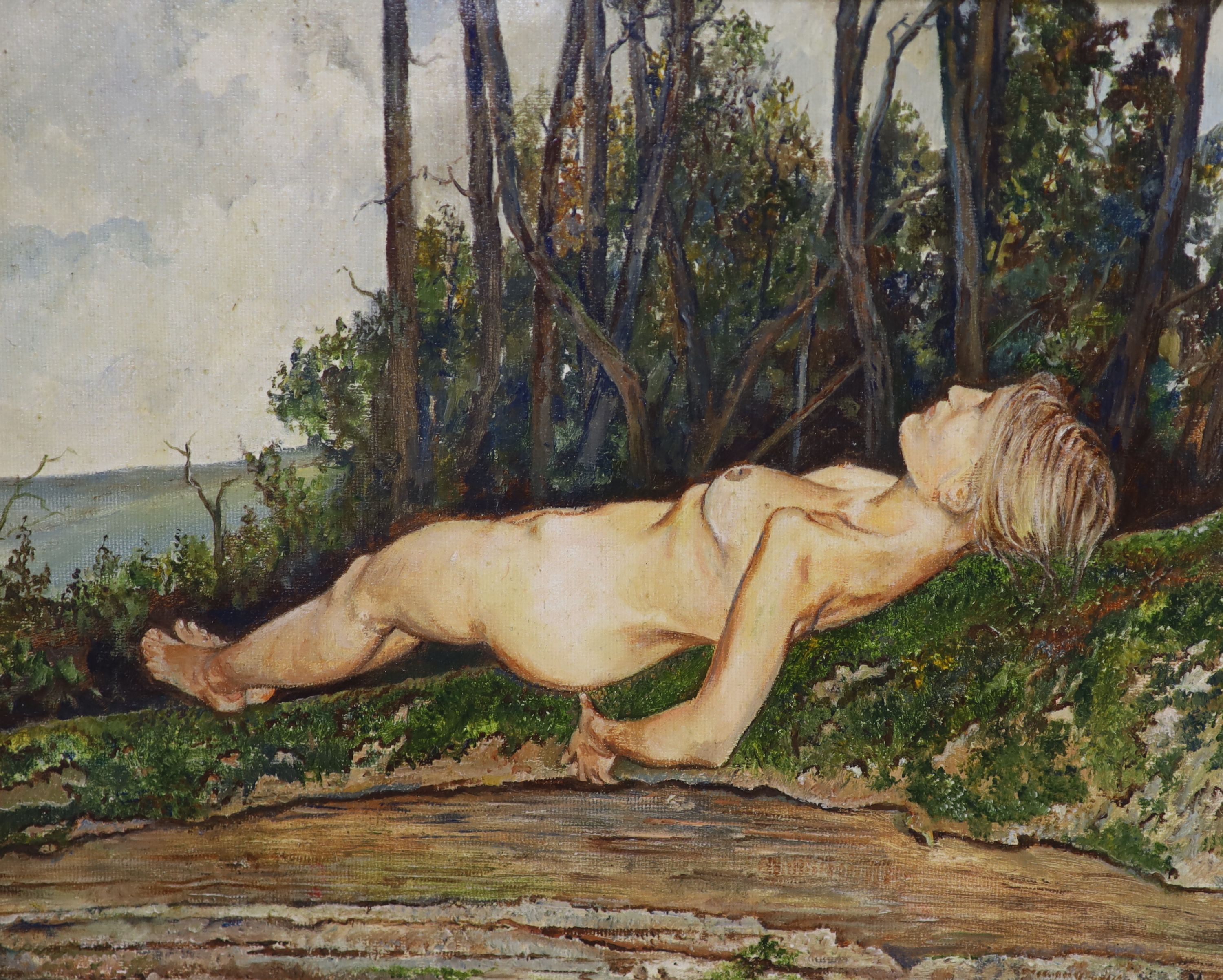 Simon Mouncey (20th C.), oil on canvas, 'Lying on the fallen tree', monogrammed, 19 x 24cm